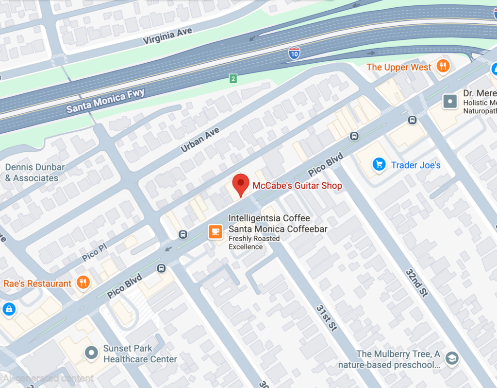 Map showing McCabe’s Guitar Shop at 3101 Pico Boulevard in Santa Monica.