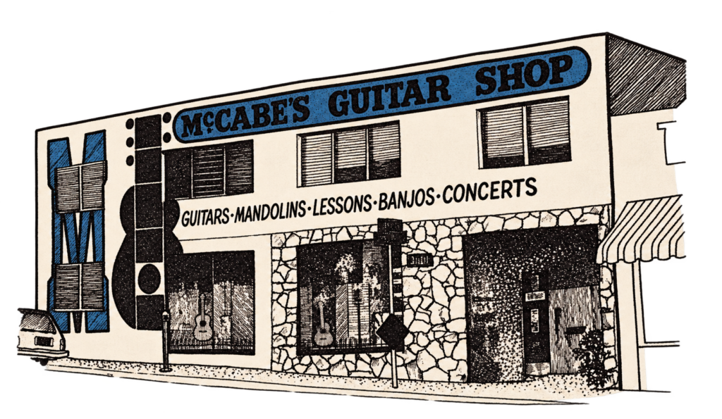 McCabe's Guitar Shop exterior sketch and tee shirt design